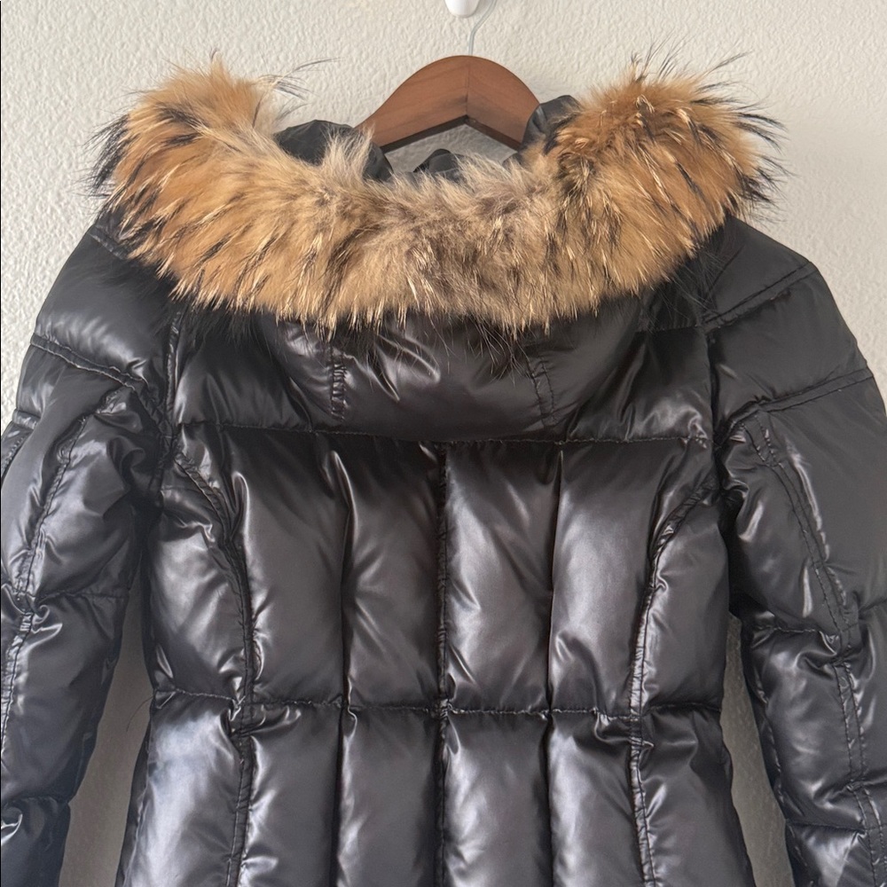 SAM. Black Shiny Blake Down Puffer Racoon Tan Fur Hood Thumb Hole Cuff XS - Picture 9 of 16
